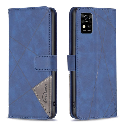 Magnetic leather phone case with rhombus texture, blue, side view with camera cutout