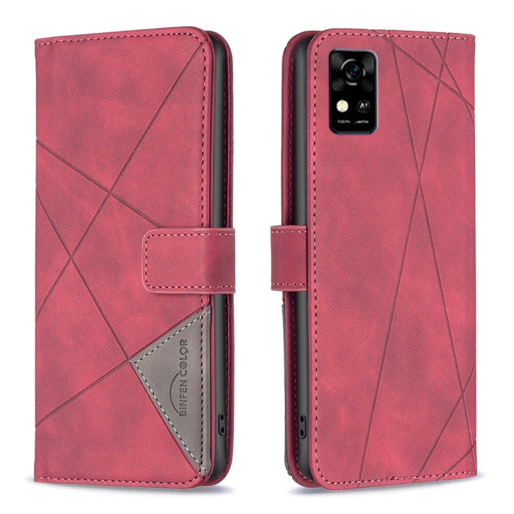Magnetic leather phone case with rhombus texture, red, side view with camera cutout