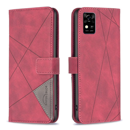 Magnetic leather phone case with rhombus texture, red, side view with camera cutout