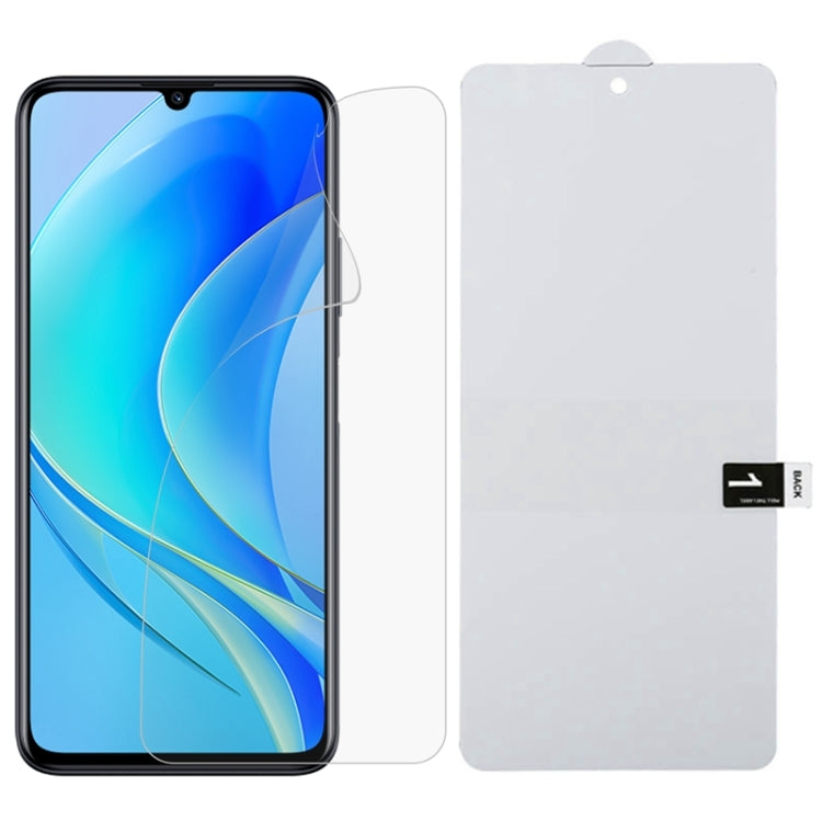 Hydrogel full-screen protector film for smartphone, clear front cover and loose film sheet.