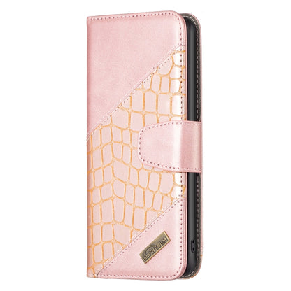 Rose gold crocodile-texture PU leather flip phone case with magnetic folio strap.