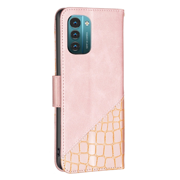 Rose gold PU leather flip phone case with crocodile pattern and camera cutouts.