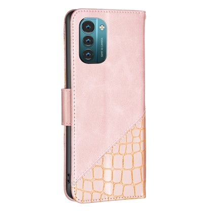 Rose gold PU leather flip phone case with crocodile pattern and camera cutouts.