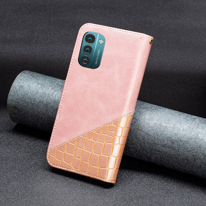 Rose gold PU leather phone case with crocodile-texture bottom and camera cutout.
