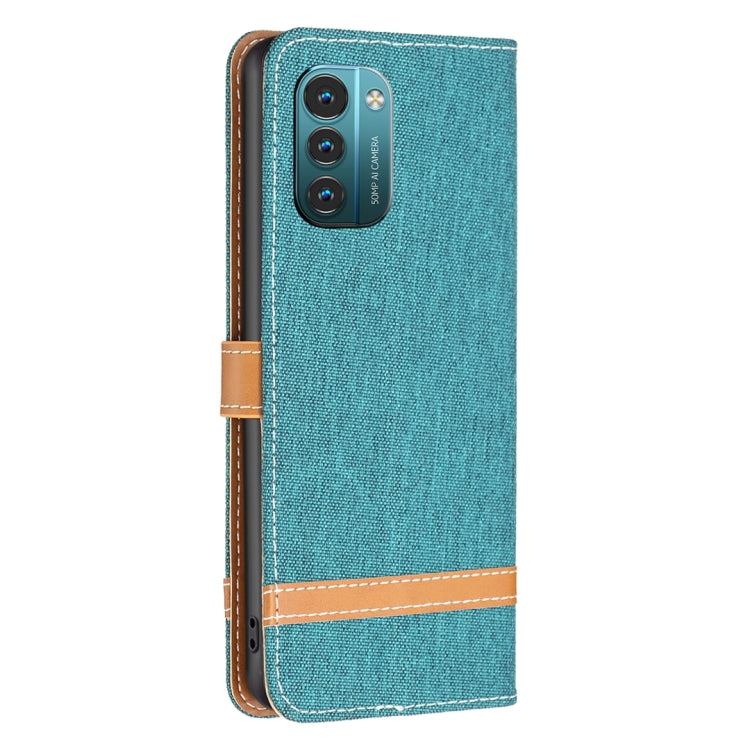 Teal denim-texture leather flip phone case with camera cutout and tan trim