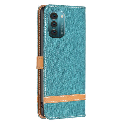 Teal denim-texture leather flip phone case with camera cutout and tan trim