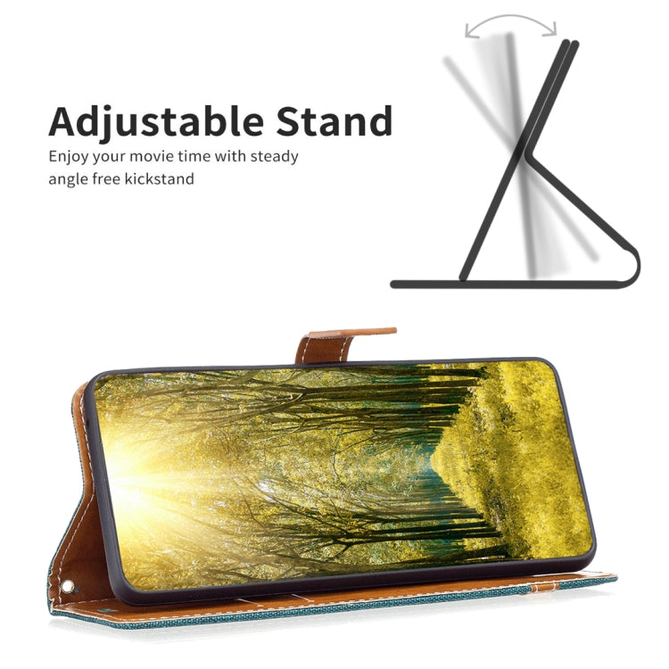 Teal denim-texture leather flip phone case in stand mode with screen cover