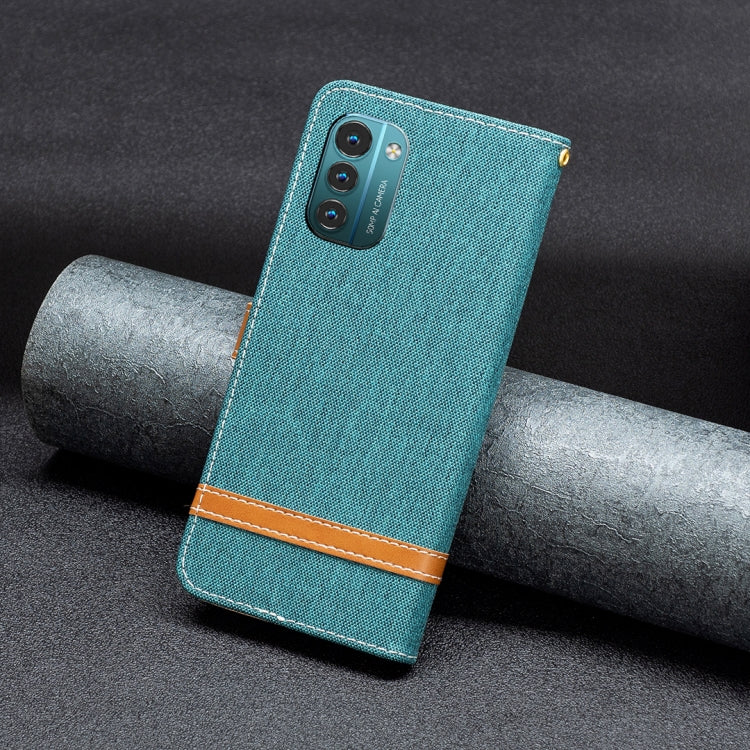 Teal denim-texture leather flip phone case with camera cutout and tan edge trim