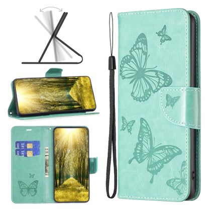 Green PU leather phone flip case with embossed butterflies pattern and wrist strap