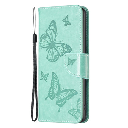 Mint green PU leather phone flip case with embossed butterfly and butterfly wing details