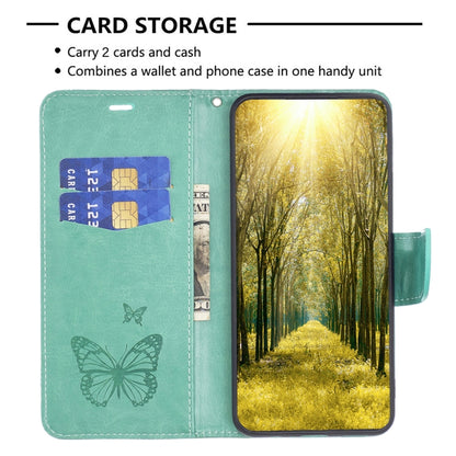 Mint green PU leather phone wallet flip case with card slots and embossed butterflies