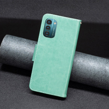 Mint green PU leather phone flip case with camera cutout and stitched edges