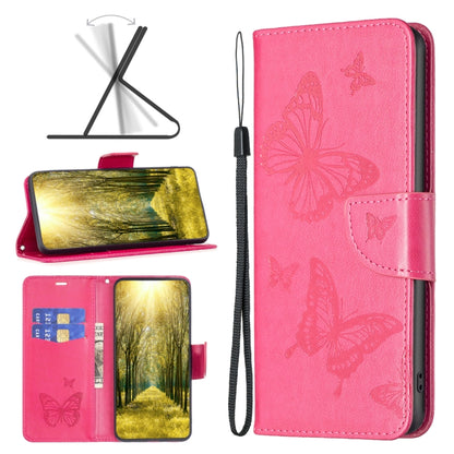 Rose red PU leather phone flip case with embossed butterflies and card holder section