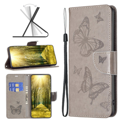 Gray PU leather flip phone case with embossed butterflies, card holder, wrist strap