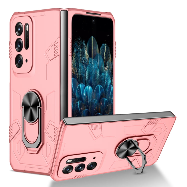Pink shockproof phone case with built-in ring stand and protective folding design