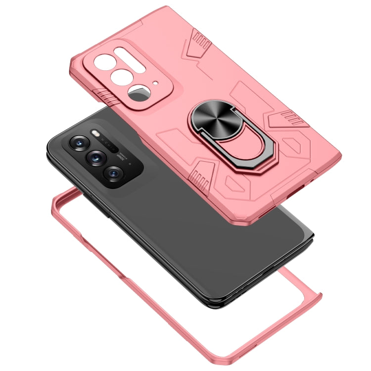 Pink shockproof phone case with camera cutouts and built-in ring stand