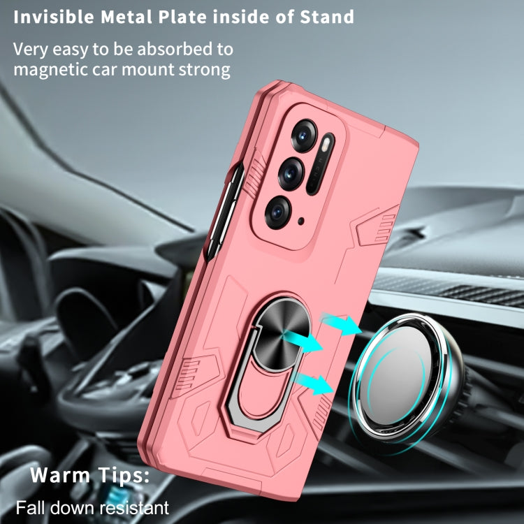 Pink shockproof phone case with ring stand, camera cutouts, and rugged edges