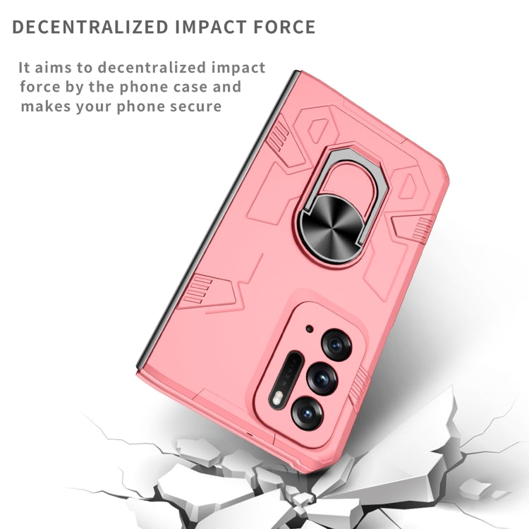 Pink shockproof folding phone case with ring stand and impact-resistant corners
