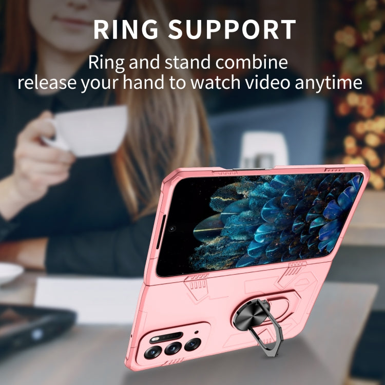 Pink shockproof phone case with ring-and-stand support for hands-free viewing