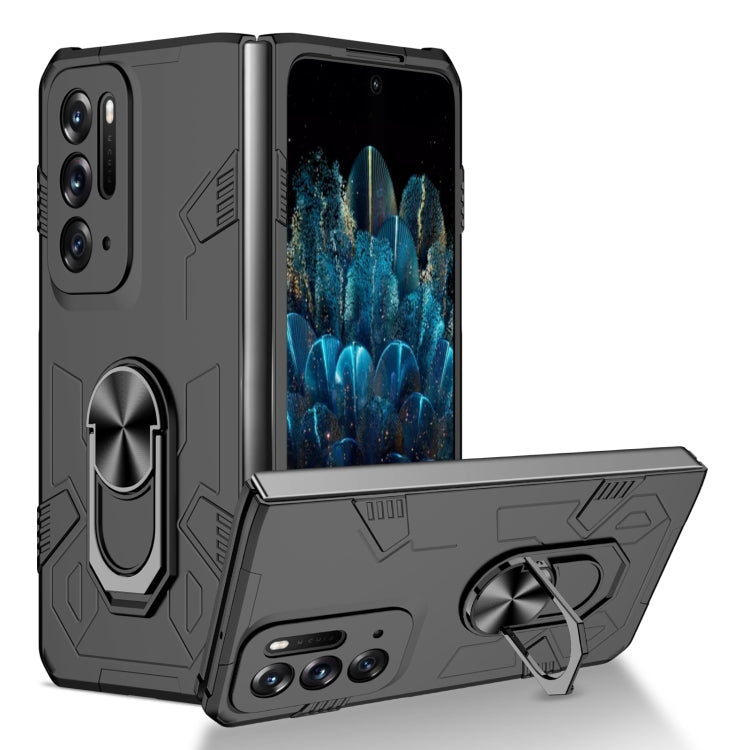 Black shockproof folding phone case with built-in ring stand and camera cutouts