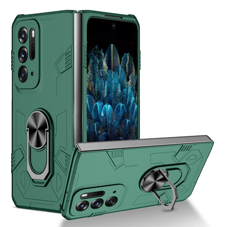 Dark green shockproof folding phone case with built-in ring stand and camera cutouts