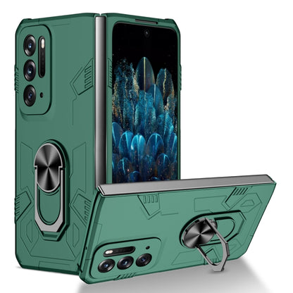 Dark green shockproof folding phone case with built-in ring stand and camera cutouts