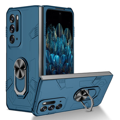 Dark blue shockproof folding phone case with built-in ring stand and camera cutouts