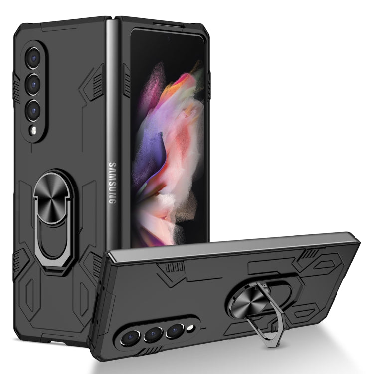 Matte shockproof phone case in black, rugged with built-in kickstand and ring holder.
