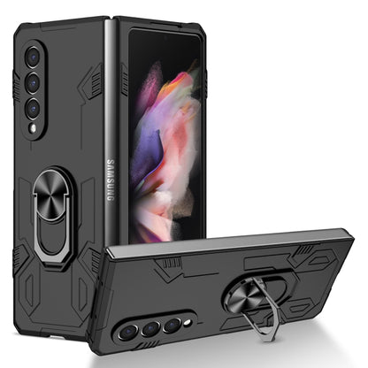 Matte shockproof phone case in black, rugged with built-in kickstand and ring holder.