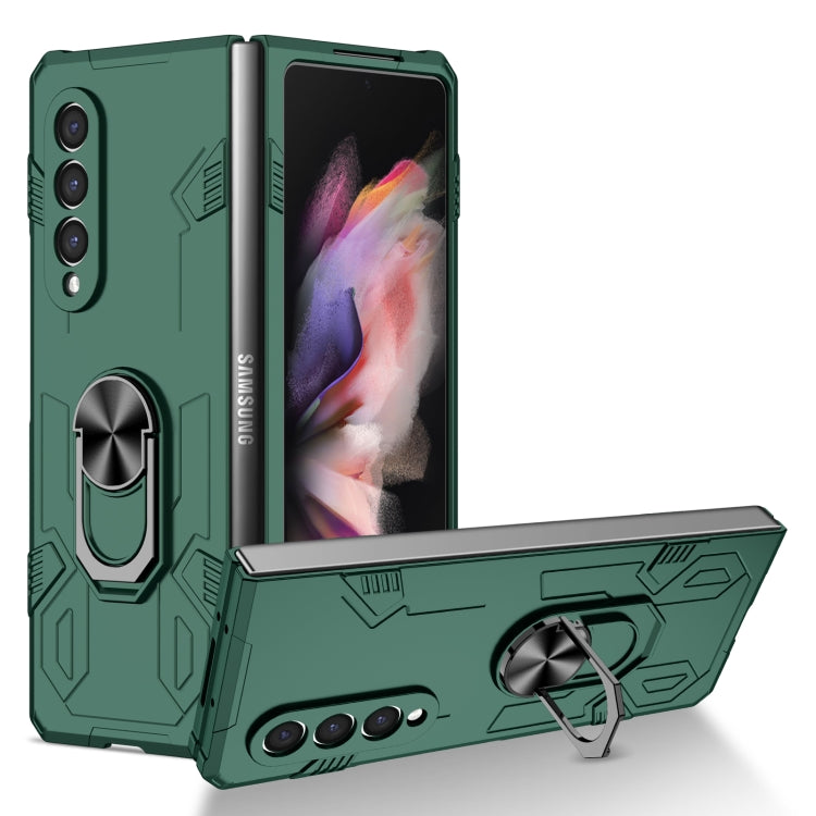 Matte shockproof phone case in dark green, rugged with built-in kickstand and ring holder.
