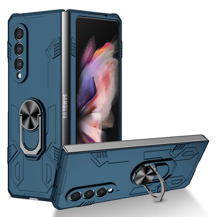 Matte shockproof phone case in dark blue, rugged with built-in kickstand and ring holder.