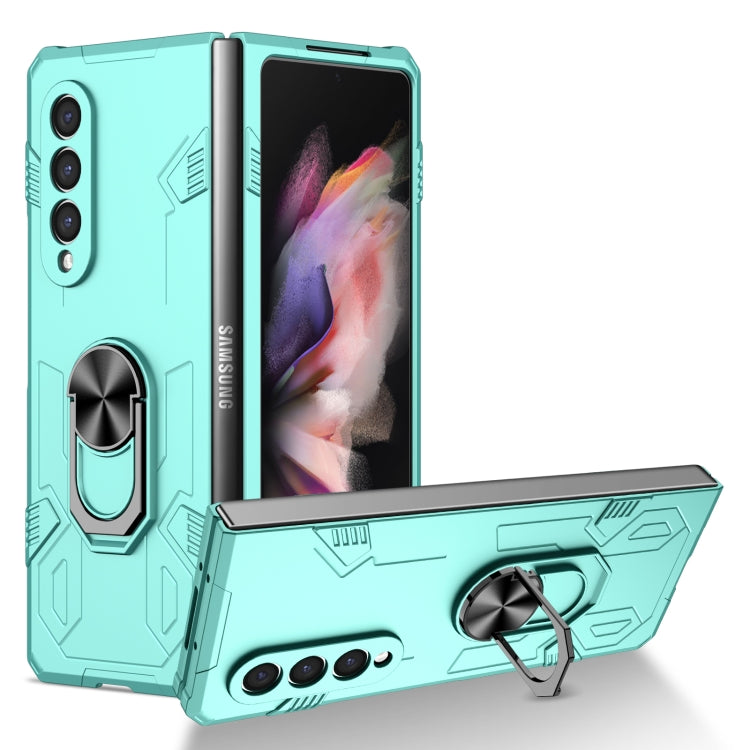 Matte shockproof phone case in light teal, rugged with built-in kickstand and ring holder.