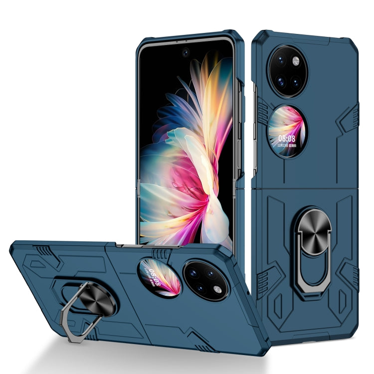 Matte shockproof phone case in blue, rugged with built-in kickstand and ring holder.