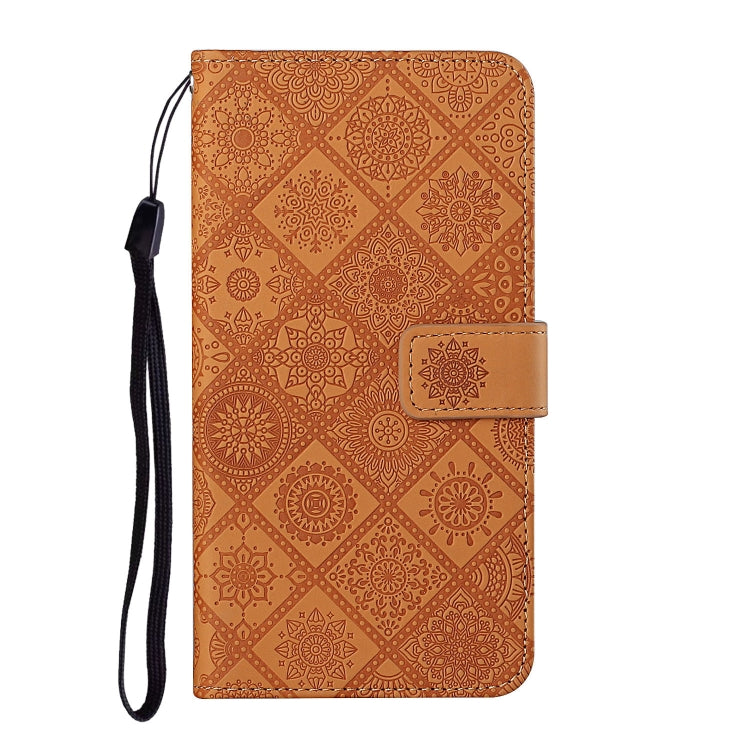 Tan embossed folio phone case with wrist strap and side button cutout