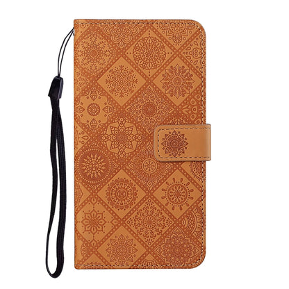 Tan embossed folio phone case with wrist strap and side button cutout