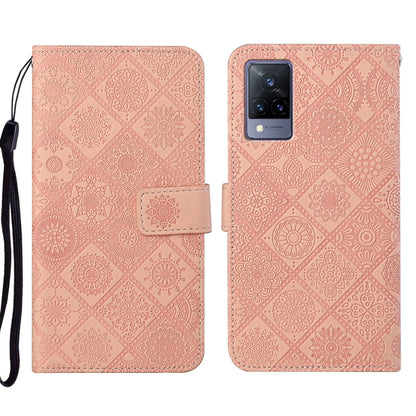 Ethnic embossed leather phone case, light pink geometric pattern, magnetic folio with wrist strap
