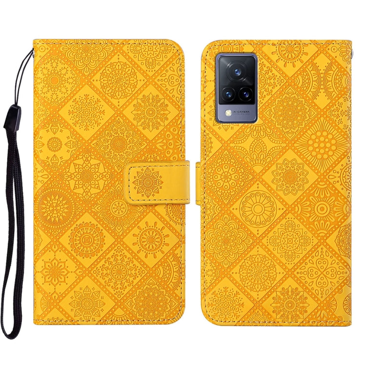 Ethnic embossed leather phone case, mustard yellow geometric pattern, magnetic folio and wrist strap