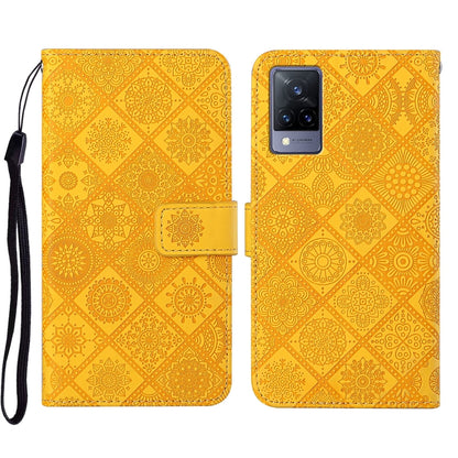 Ethnic embossed leather phone case, mustard yellow geometric pattern, magnetic folio and wrist strap
