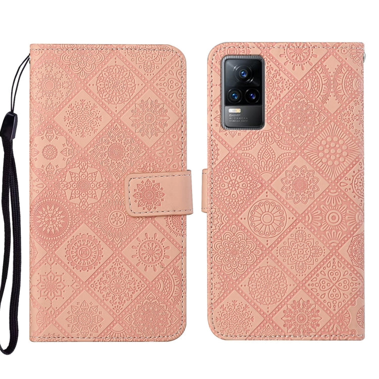 Ethnic embossed leather phone case, dusty pink geometric pattern, magnetic folio and card slot