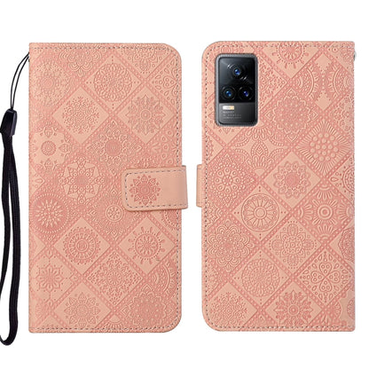 Ethnic embossed leather phone case, dusty pink geometric pattern, magnetic folio and card slot