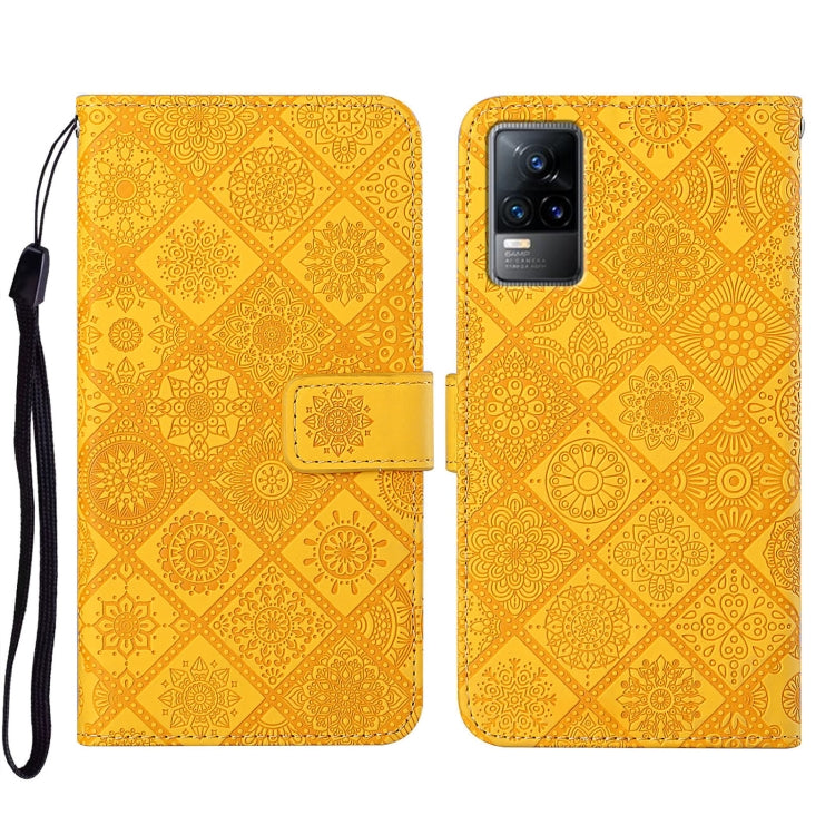Ethnic embossed leather phone case, bright yellow geometric pattern, magnetic folio with card holder flap