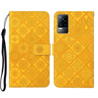Ethnic embossed leather phone case, bright yellow geometric pattern, magnetic folio with card holder flap