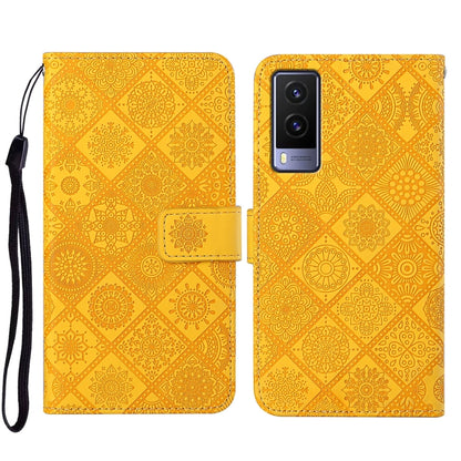 Ethnic embossed leather phone case, golden yellow geometric pattern, magnetic flip cover and wrist strap
