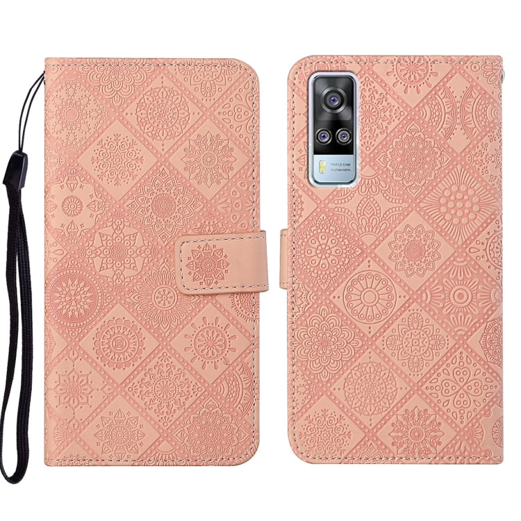 Ethnic embossed leather phone case, pale pink geometric pattern, magnetic folio with inner card pocket