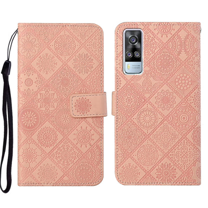 Ethnic embossed leather phone case, pale pink geometric pattern, magnetic folio with inner card pocket