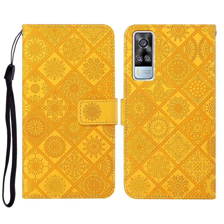 Ethnic embossed leather phone case, warm yellow geometric pattern, magnetic folio with inner card pocket