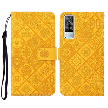 Ethnic embossed leather phone case, warm yellow geometric pattern, magnetic folio with inner card pocket