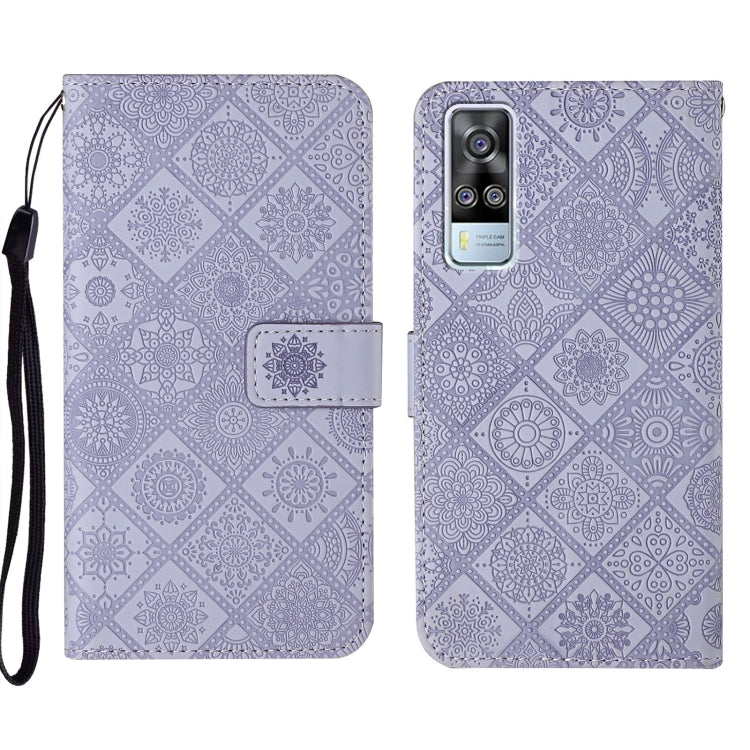 Purple embossed leather folio phone case with wrist strap and card pocket, patterned texture.