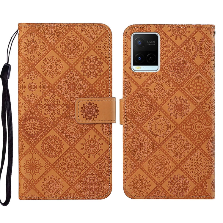 Ethnic embossed leather phone case, brown with geometric pattern, magnetic folio and wrist strap