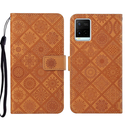 Ethnic embossed leather phone case, brown with geometric pattern, magnetic folio and wrist strap